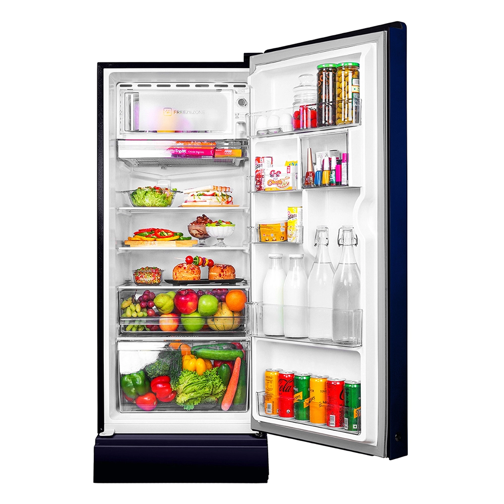 Haier 215L 5 Star Inverter Technology Direct Cool Single Door Refrigerator with Toughened Glass Shelf Base Drawer comes in Glossy Marine Dahelia Finish HRD-2355PMD-P